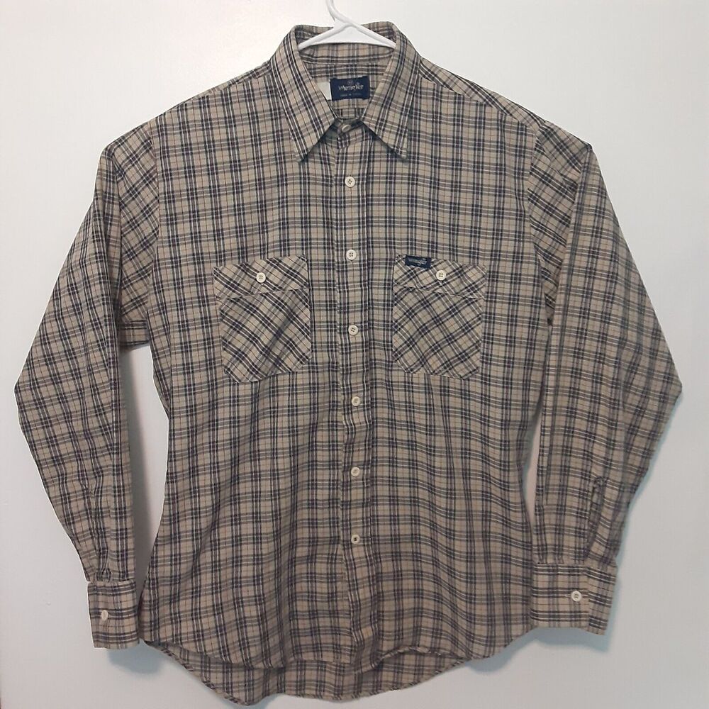 Vtg Wrangler Adult Mens M Beige Long Sleeve Button Up Shirt Lightweight